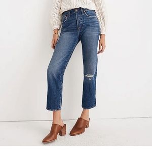 Madewell Classic Straight Jeans in Jade Wash: Knee-Rip Edition